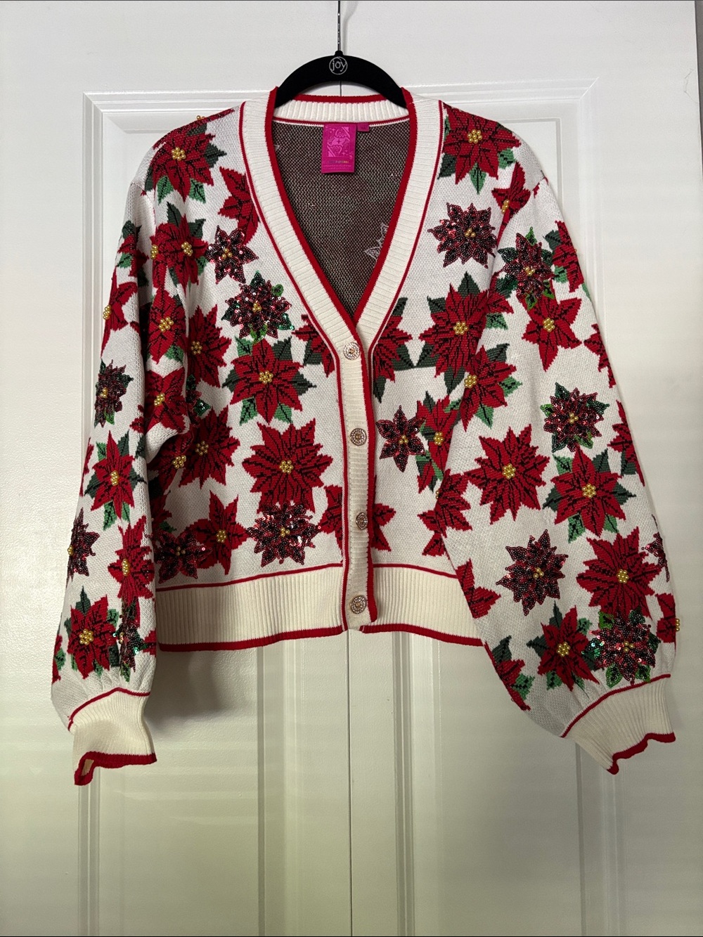 QUEEN OF SPARKLES White Cardigan with Red Poinsettia Motif